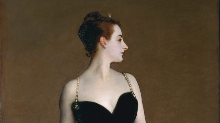 Close-up detail of Madame X by John Singer Sargent, 1884 — face and pearl strap