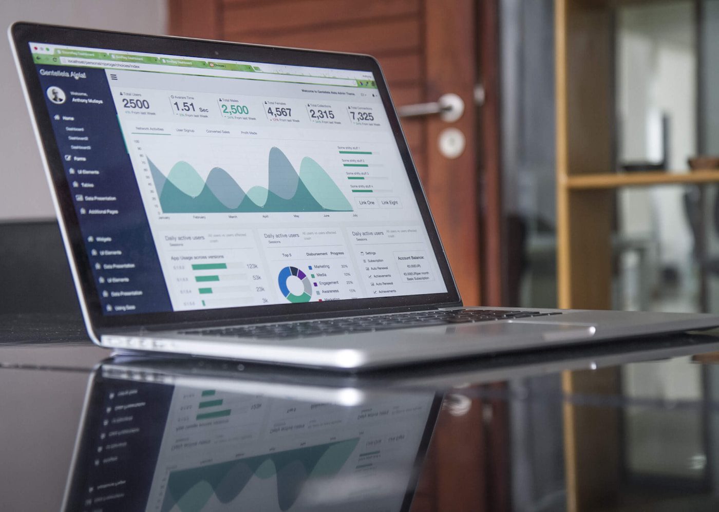 Laptop showing website analytics in dark workspace